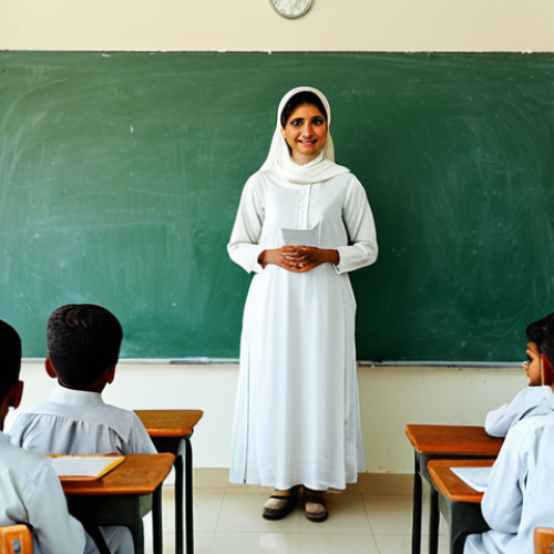 Home 17 **
"A fully clothed professional Urdu teacher in modest traditional clothing, standing in a bright and welcoming classroom with children, appropriate attire, safe for work, perfect anatomy, natural proportions, family-friendly, high quality, soft lighting, educational setting."
**