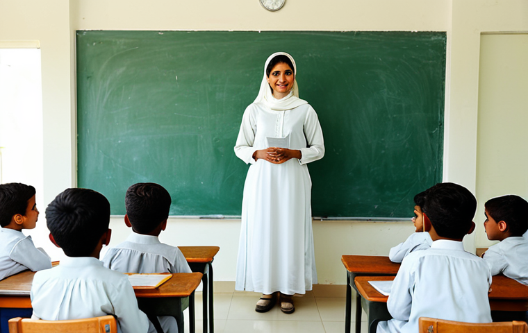 **
"A fully clothed professional Urdu teacher in modest traditional clothing, standing in a bright and welcoming classroom with children, appropriate attire, safe for work, perfect anatomy, natural proportions, family-friendly, high quality, soft lighting, educational setting."
**