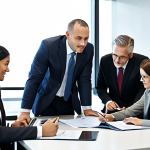 **

"A diverse group of professionals collaborating in a modern corporate office setting. They are reviewing financial reports and discussing strategies. Everyone is fully clothed in modest business attire. The atmosphere is positive and productive.  Safe for work, appropriate content, perfect anatomy, natural proportions, professional setting, fully clothed."

**